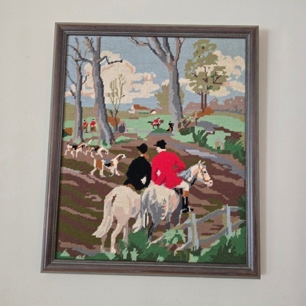 Vintage Framed Needlepoint Fox Hunt Equestrian Scene Wall Art Tapestry Decor - Picture 2 of 13